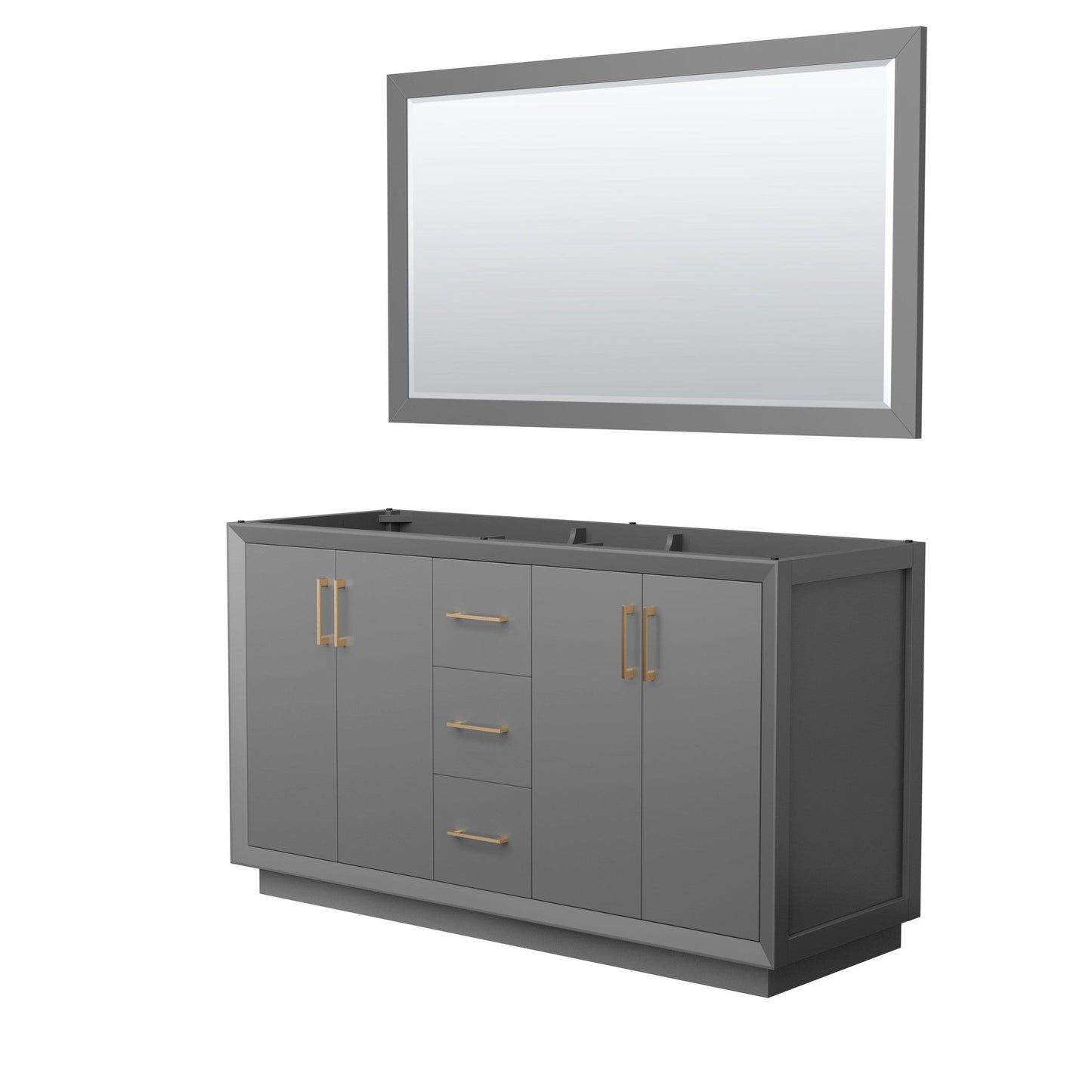 Wyndham Collection Strada 60" Double Bathroom Vanity in Dark Gray, No Countertop, No Sink, Satin Bronze Trim, 58" Mirror