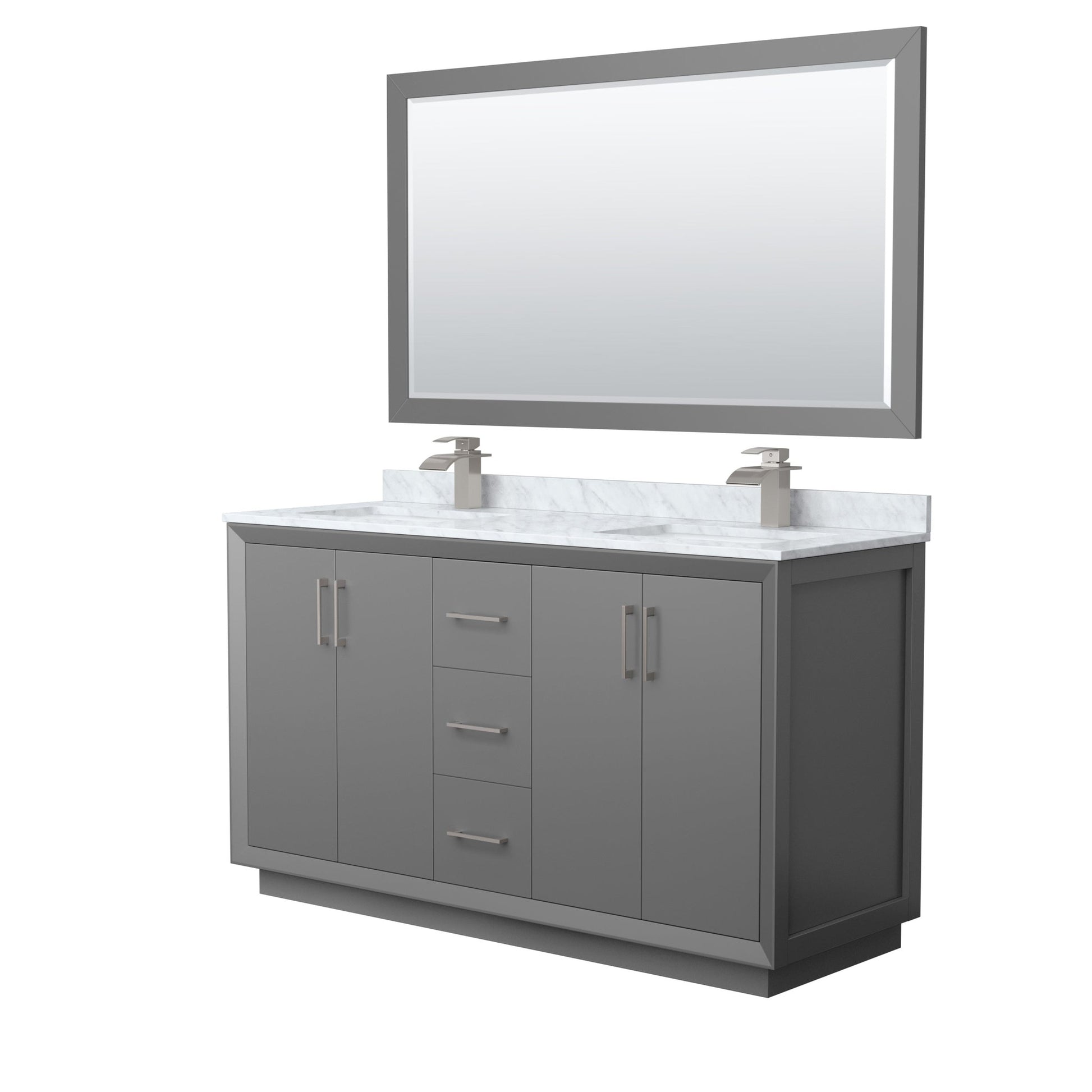 Wyndham Collection Strada 60" Double Bathroom Vanity in Dark Gray, White Carrara Marble Countertop, Undermount Square Sink, Brushed Nickel Trim, 58" Mirror