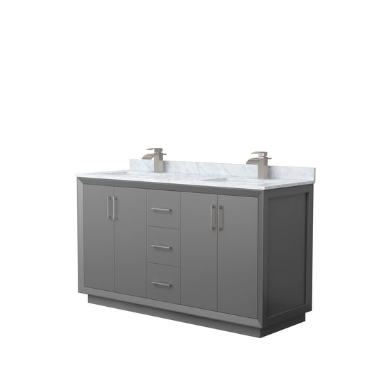 Wyndham Collection Strada 60" Double Bathroom Vanity in Dark Gray, White Carrara Marble Countertop, Undermount Square Sink, Brushed Nickel Trim