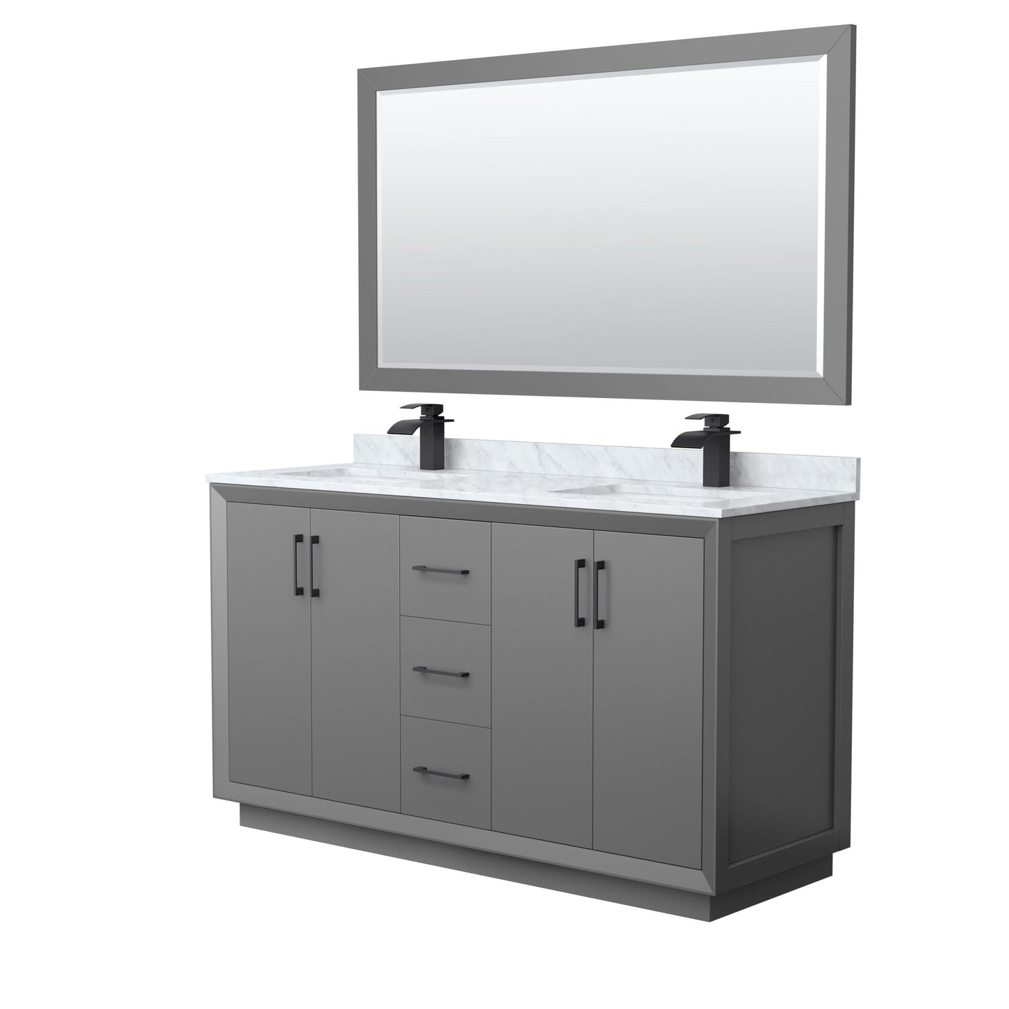 Wyndham Collection Strada 60" Double Bathroom Vanity in Dark Gray, White Carrara Marble Countertop, Undermount Square Sink, Matte Black Trim, 58" Mirror