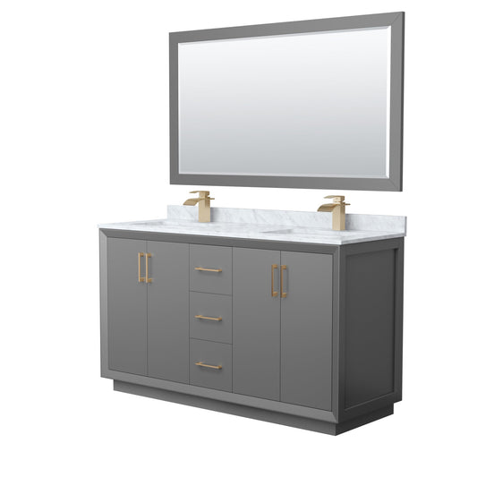 Wyndham Collection Strada 60" Double Bathroom Vanity in Dark Gray, White Carrara Marble Countertop, Undermount Square Sink, Satin Bronze Trim, 58" Mirror