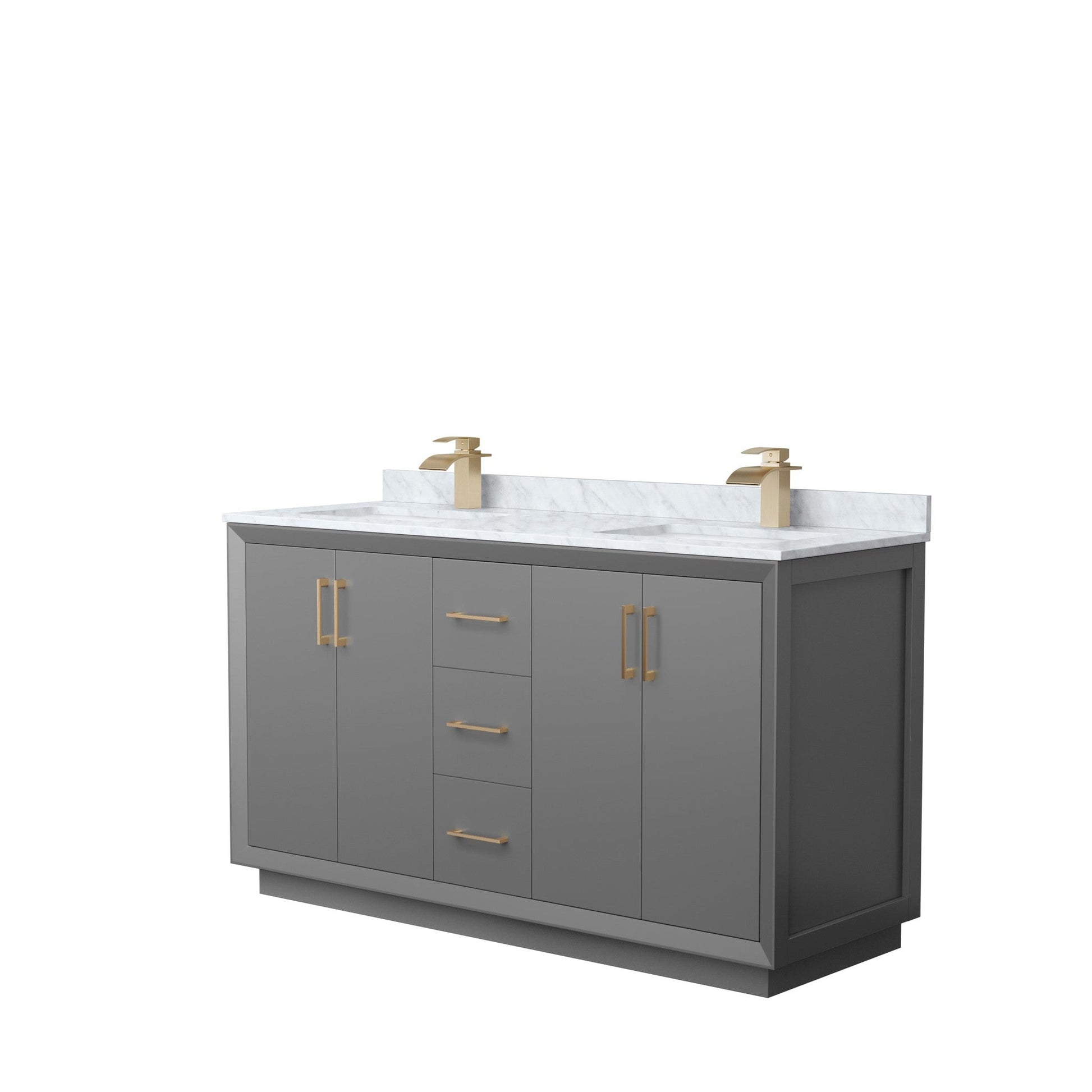 Wyndham Collection Strada 60" Double Bathroom Vanity in Dark Gray, White Carrara Marble Countertop, Undermount Square Sink, Satin Bronze Trim
