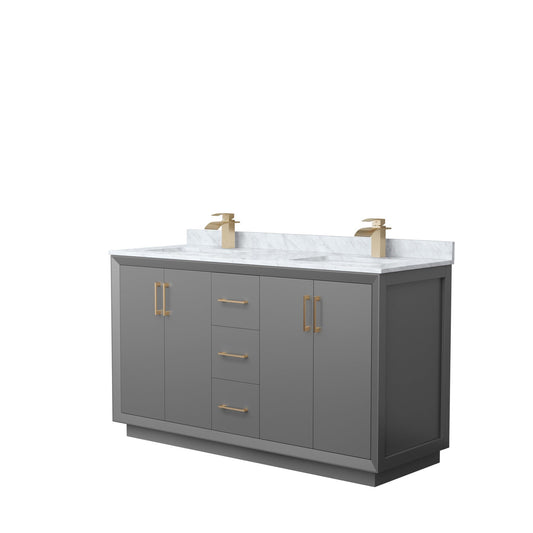 Wyndham Collection Strada 60" Double Bathroom Vanity in Dark Gray, White Carrara Marble Countertop, Undermount Square Sink, Satin Bronze Trim
