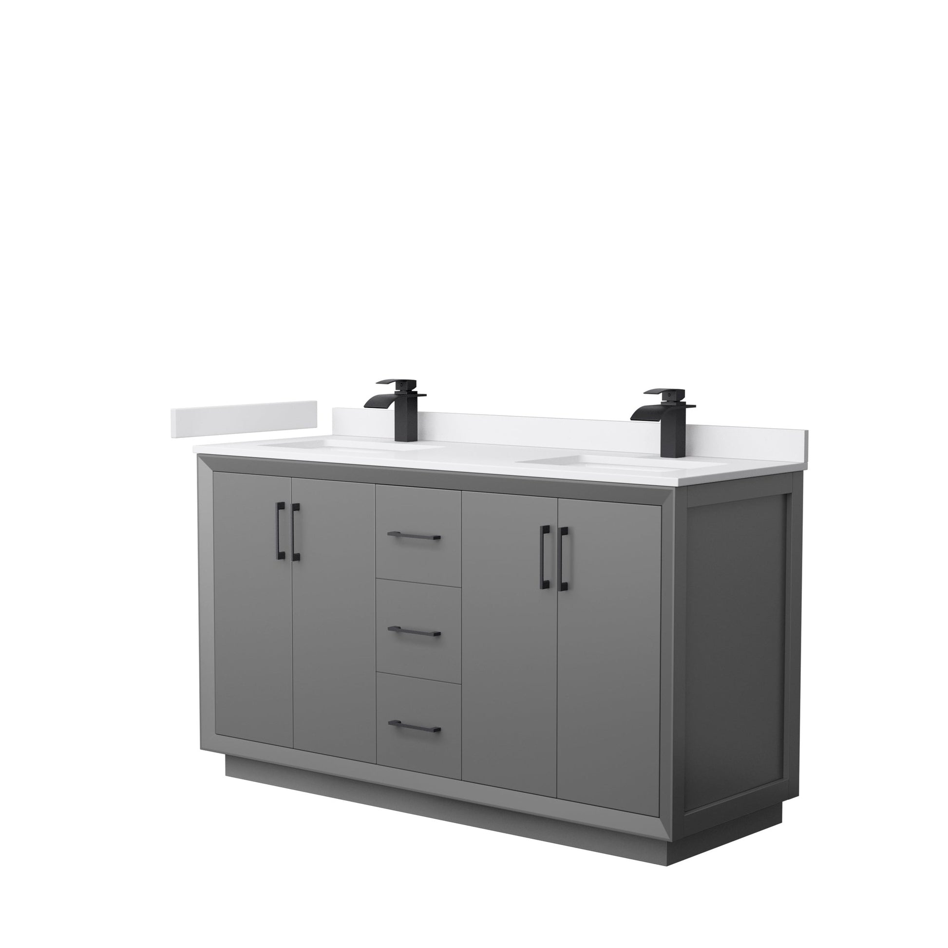 Wyndham Collection Strada 60" Double Bathroom Vanity in Dark Gray, White Cultured Marble Countertop, Undermount Square Sink, Matte Black Trim