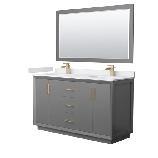 Wyndham Collection Strada 60" Double Bathroom Vanity in Dark Gray, White Cultured Marble Countertop, Undermount Square Sink, Satin Bronze Trim, 58" Mirror