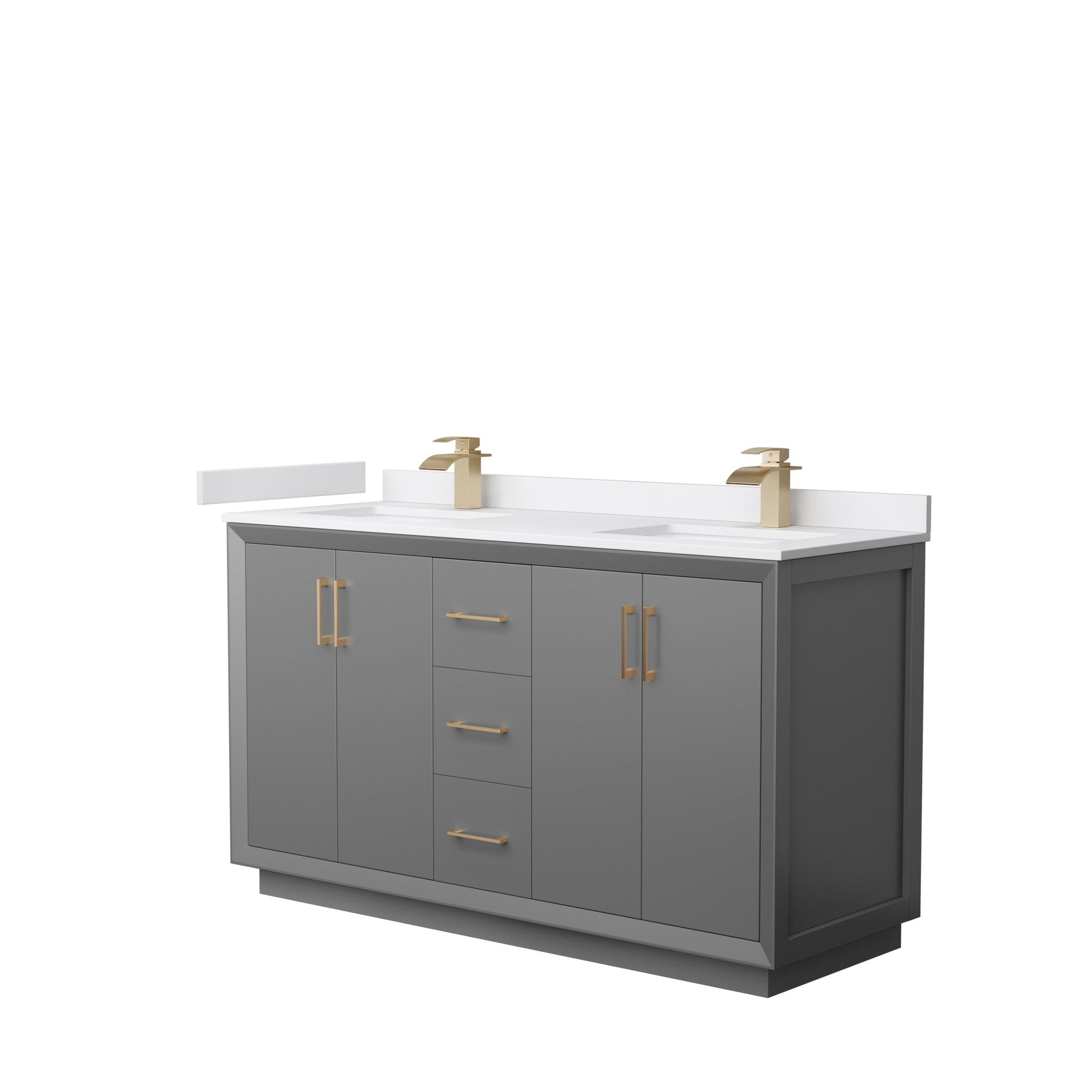 Wyndham Collection Strada 60" Double Bathroom Vanity in Dark Gray, White Cultured Marble Countertop, Undermount Square Sink, Satin Bronze Trim