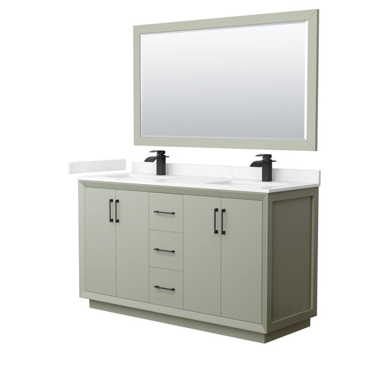 Wyndham Collection Strada 60" Double Bathroom Vanity in Light Green, Carrara Cultured Marble Countertop, Undermount Square Sinks, Matte Black Trim, 58" Mirror