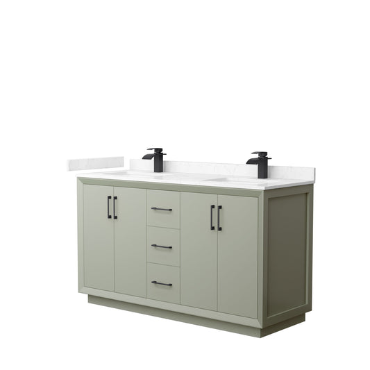 Wyndham Collection Strada 60" Double Bathroom Vanity in Light Green, Carrara Cultured Marble Countertop, Undermount Square Sinks, Matte Black Trim