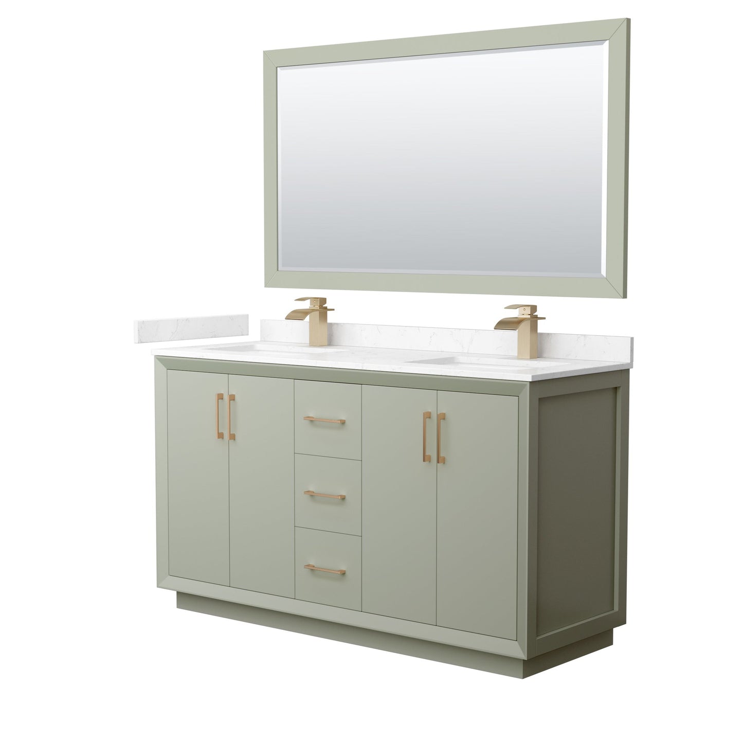 Wyndham Collection Strada 60" Double Bathroom Vanity in Light Green, Carrara Cultured Marble Countertop, Undermount Square Sinks, Satin Bronze Trim, 58" Mirror