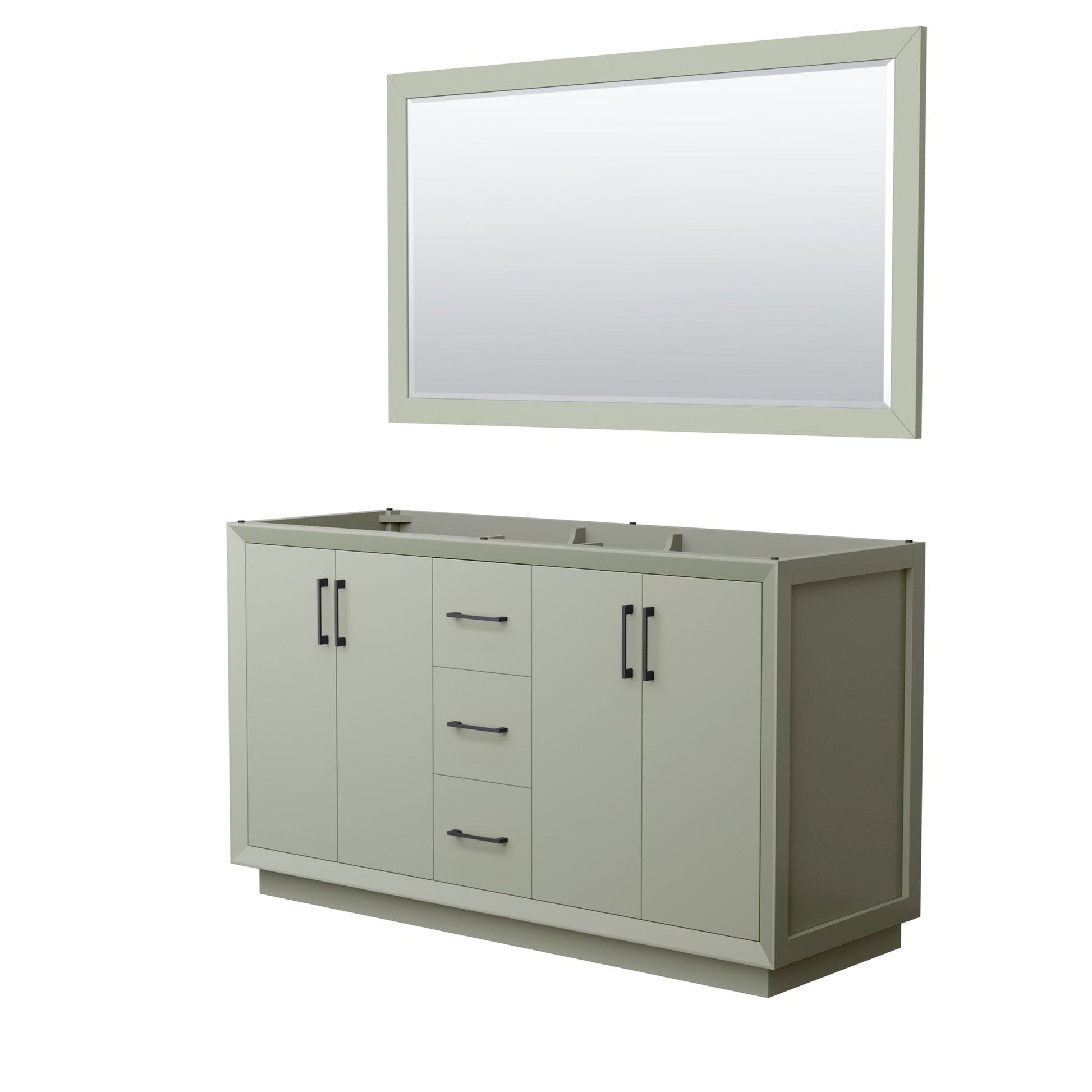 Wyndham Collection Strada 60" Double Bathroom Vanity in Light Green, No Countertop, No Sink, Matte Black Trim, 58" Mirror