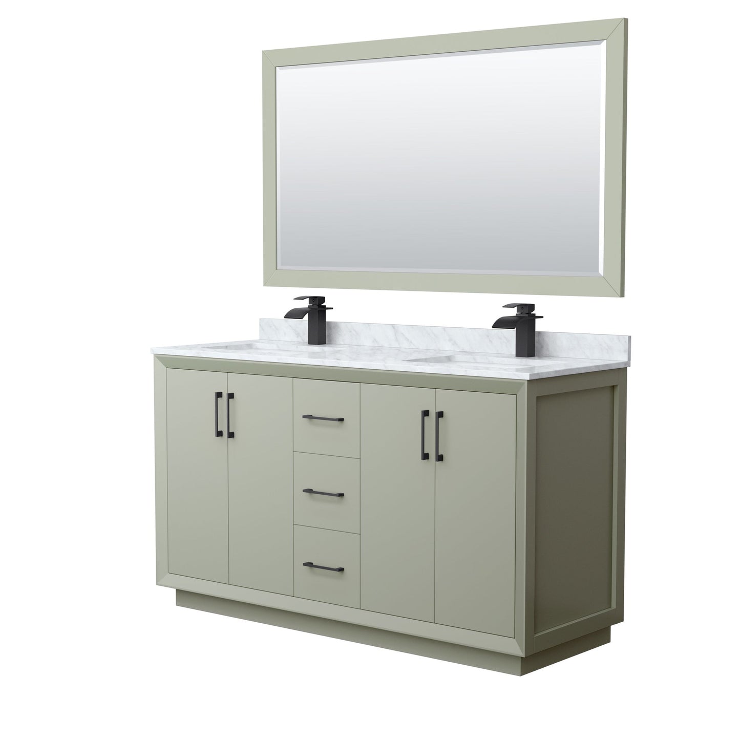 Wyndham Collection Strada 60" Double Bathroom Vanity in Light Green, White Carrara Marble Countertop, Undermount Square Sinks, Matte Black Trim, 58" Mirror