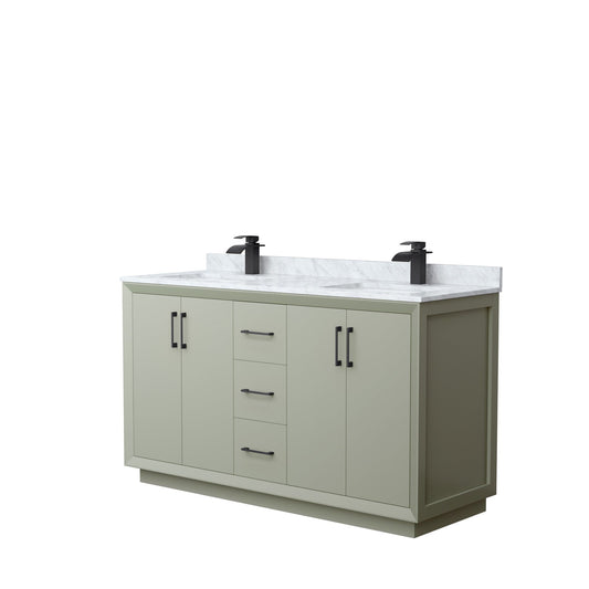 Wyndham Collection Strada 60" Double Bathroom Vanity in Light Green, White Carrara Marble Countertop, Undermount Square Sinks, Matte Black Trim