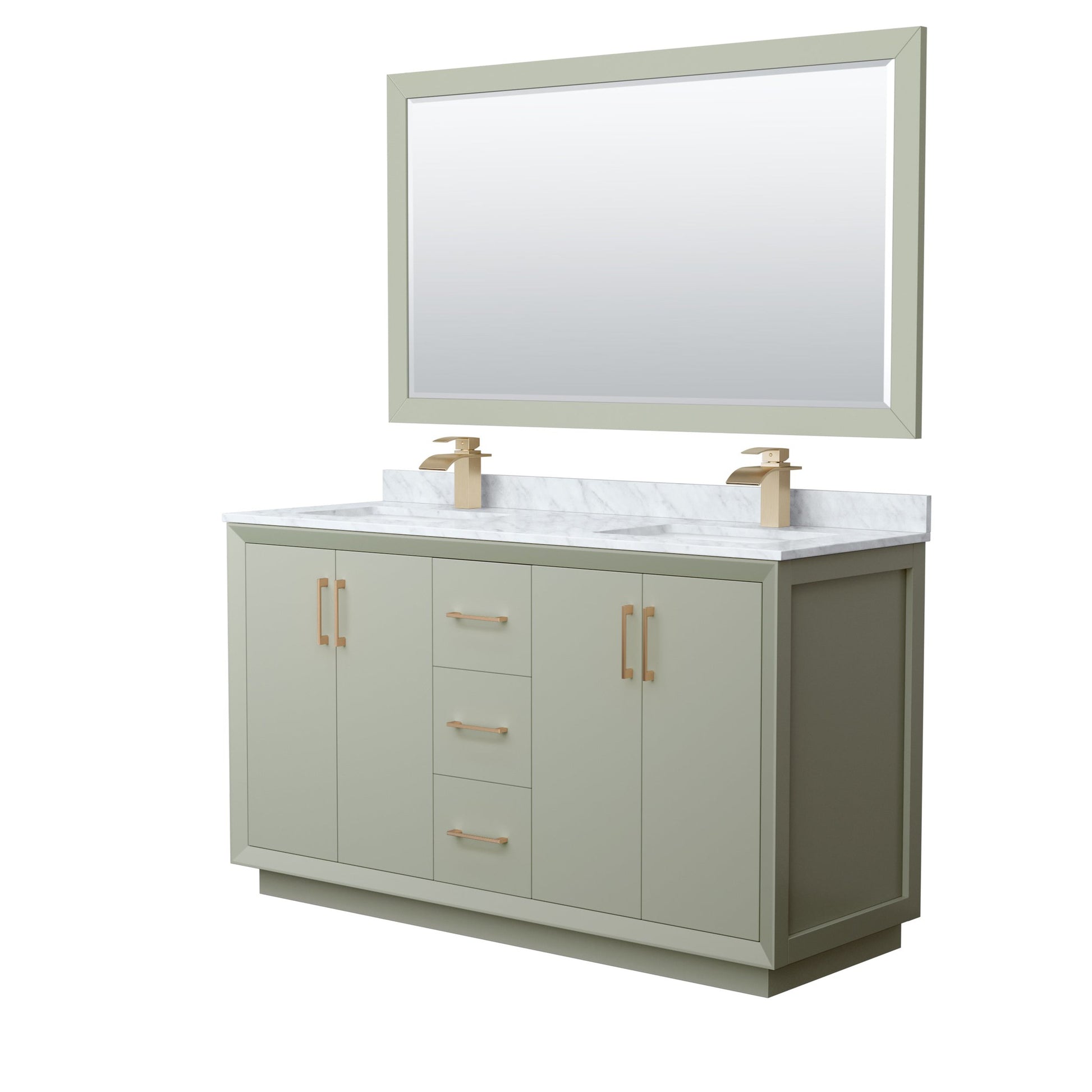 Wyndham Collection Strada 60" Double Bathroom Vanity in Light Green, White Carrara Marble Countertop, Undermount Square Sinks, Satin Bronze Trim, 58" Mirror