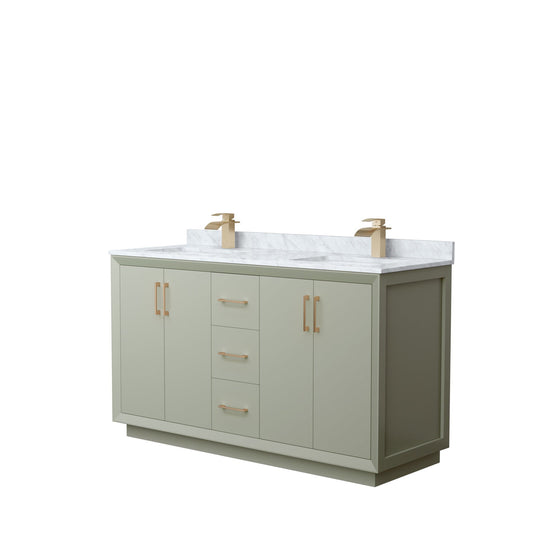 Wyndham Collection Strada 60" Double Bathroom Vanity in Light Green, White Carrara Marble Countertop, Undermount Square Sinks, Satin Bronze Trim