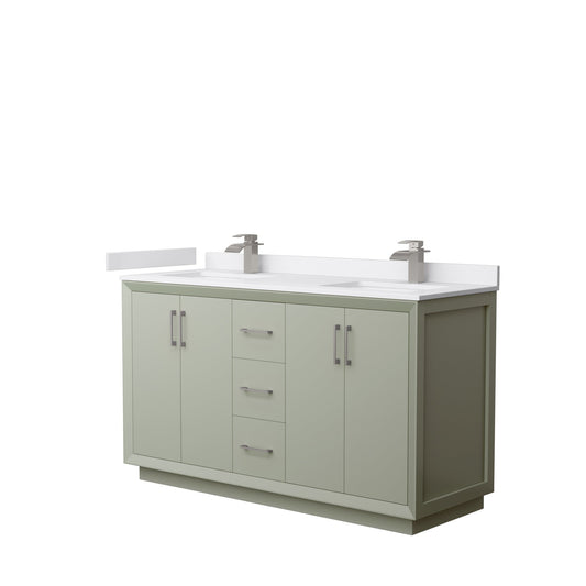 Wyndham Collection Strada 60" Double Bathroom Vanity in Light Green, White Cultured Marble Countertop, Undermount Square Sinks, Brushed Nickel Trim