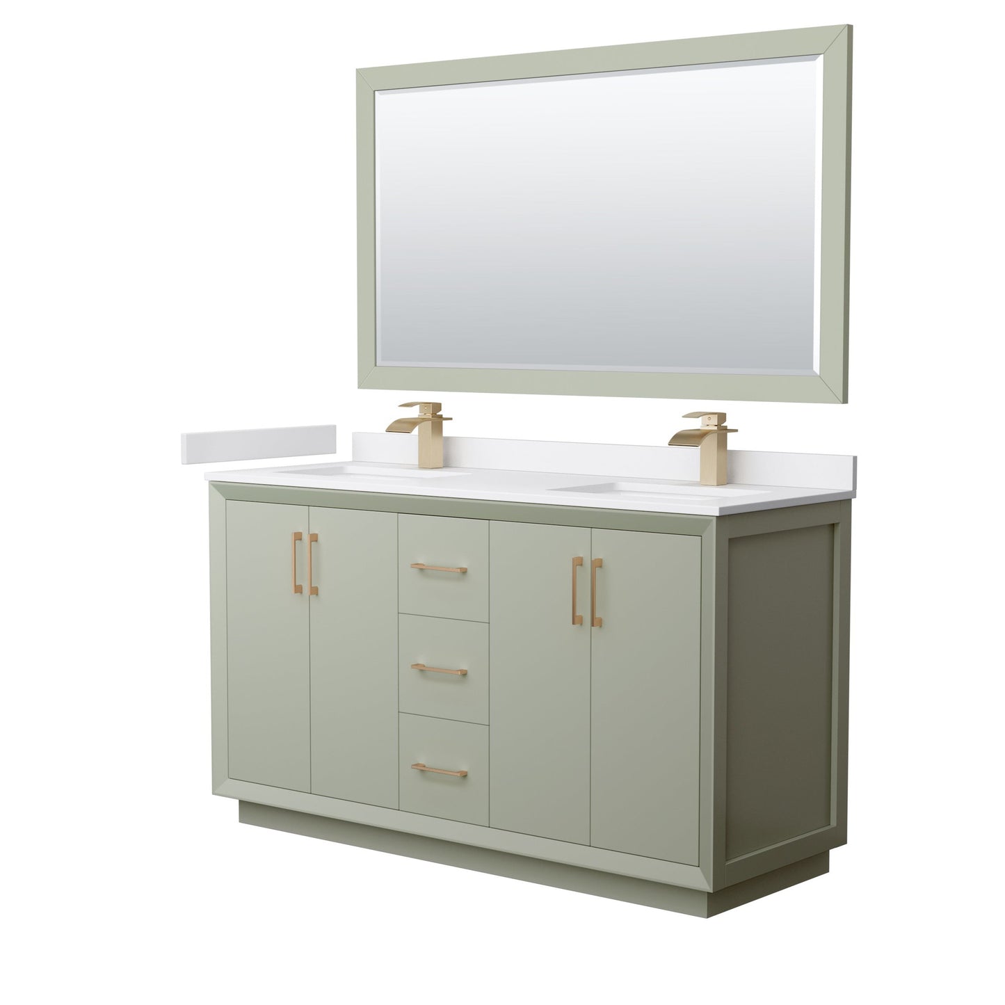 Wyndham Collection Strada 60" Double Bathroom Vanity in Light Green, White Cultured Marble Countertop, Undermount Square Sinks, Satin Bronze Trim, 58" Mirror