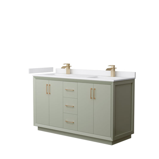 Wyndham Collection Strada 60" Double Bathroom Vanity in Light Green, White Cultured Marble Countertop, Undermount Square Sinks, Satin Bronze Trim