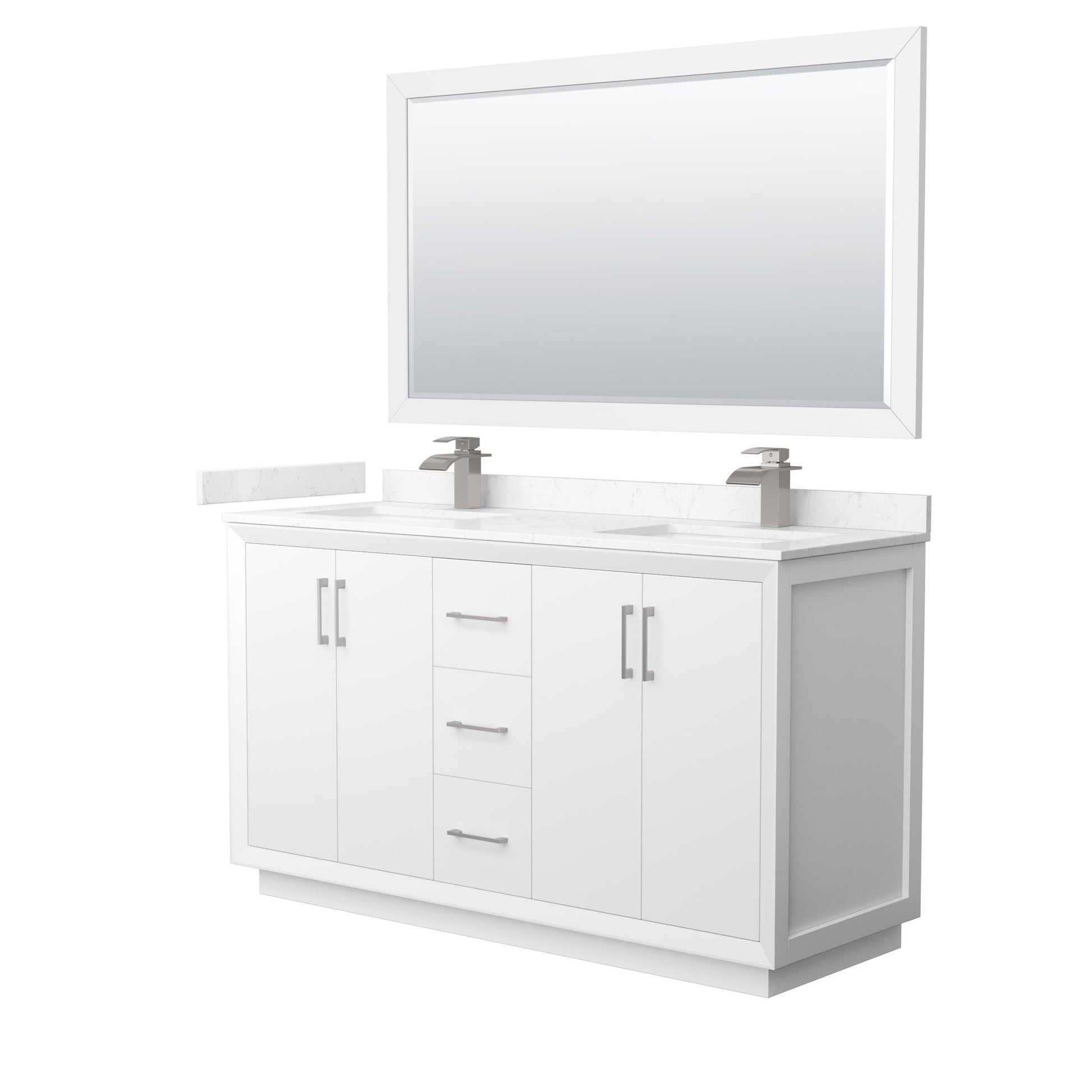 Wyndham Collection Strada 60" Double Bathroom Vanity in White, Carrara Cultured Marble Countertop, Undermount Square Sink, Brushed Nickel Trim, 58" Mirror