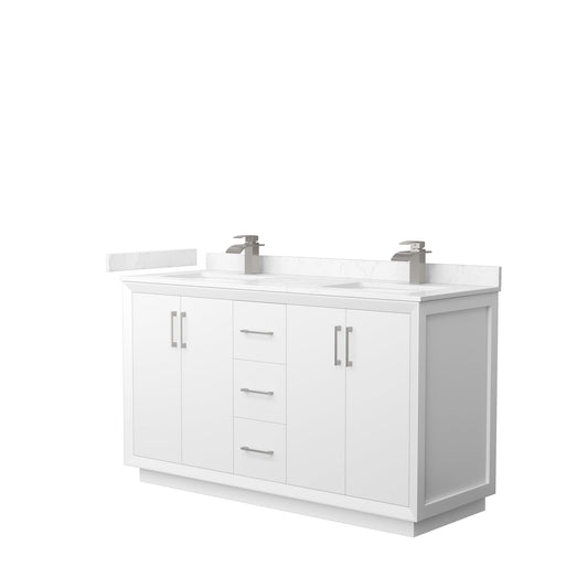 Wyndham Collection Strada 60" Double Bathroom Vanity in White, Carrara Cultured Marble Countertop, Undermount Square Sink, Brushed Nickel Trim