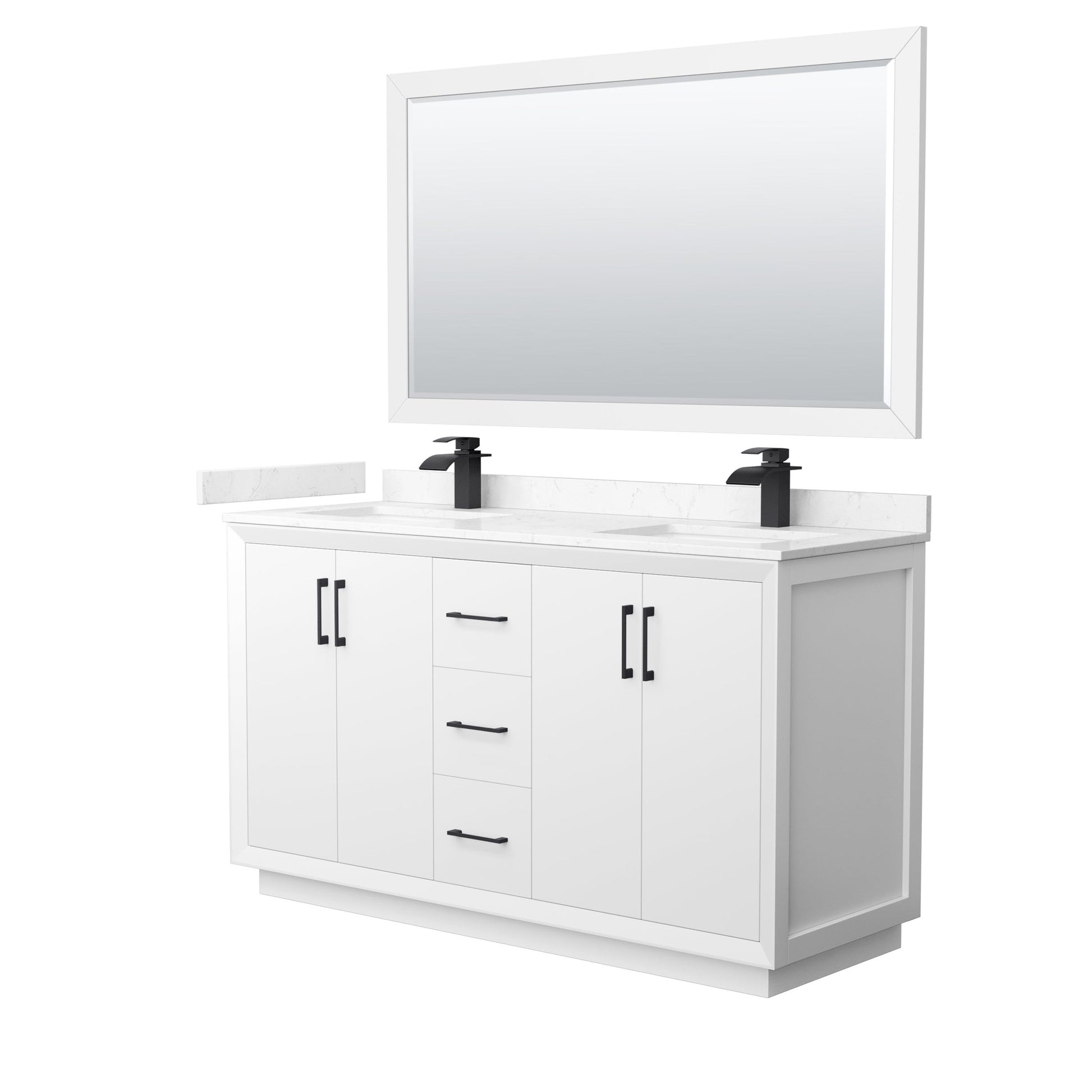 Wyndham Collection Strada 60" Double Bathroom Vanity in White, Carrara Cultured Marble Countertop, Undermount Square Sink, Matte Black Trim, 58" Mirror