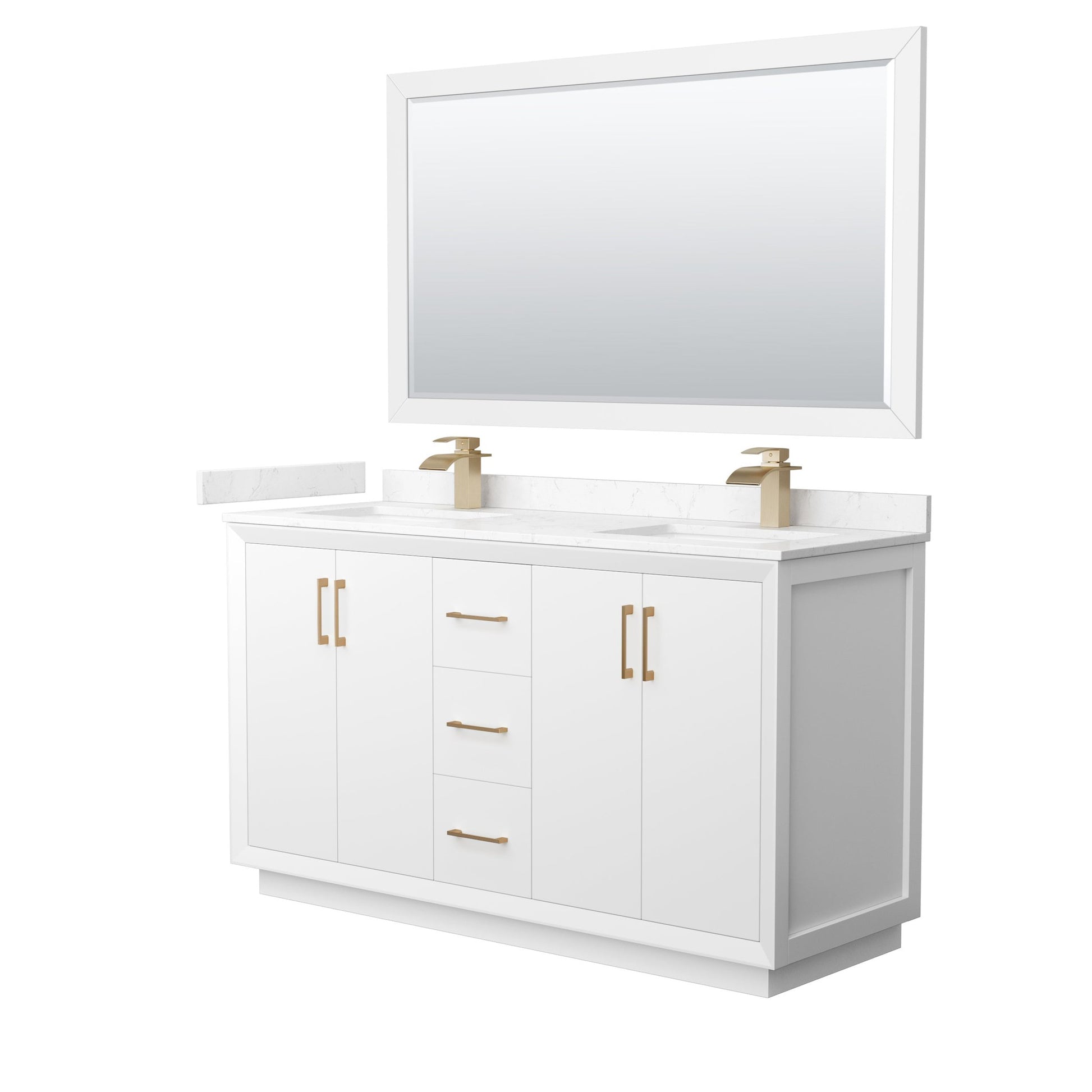 Wyndham Collection Strada 60" Double Bathroom Vanity in White, Carrara Cultured Marble Countertop, Undermount Square Sink, Satin Bronze Trim, 58" Mirror