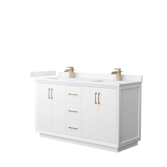 Wyndham Collection Strada 60" Double Bathroom Vanity in White, Carrara Cultured Marble Countertop, Undermount Square Sink, Satin Bronze Trim