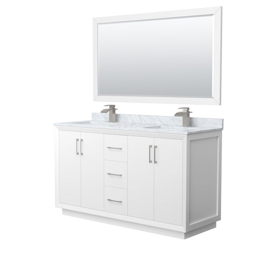 Wyndham Collection Strada 60" Double Bathroom Vanity in White, White Carrara Marble Countertop, Undermount Square Sink, Brushed Nickel Trim, 58" Mirror