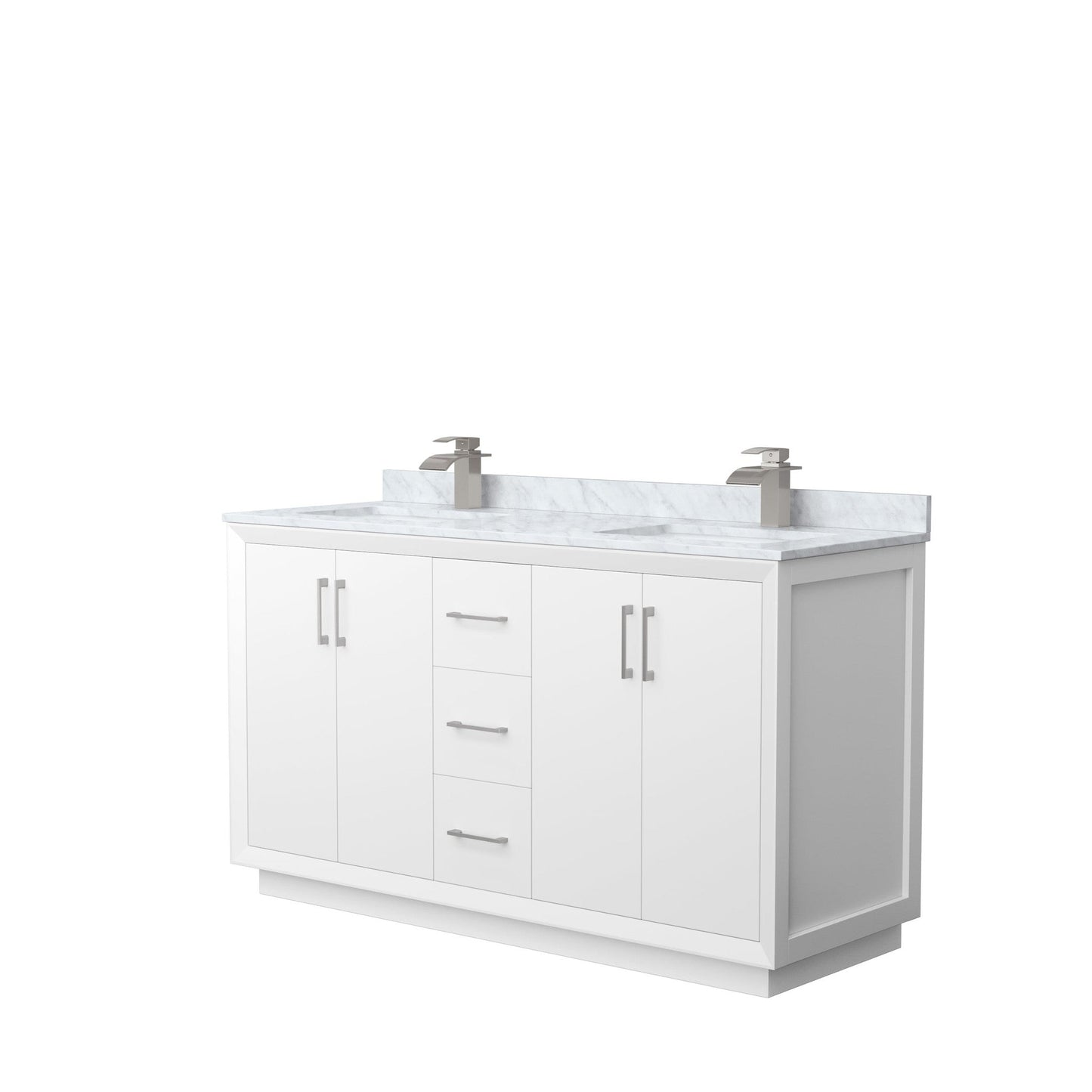 Wyndham Collection Strada 60" Double Bathroom Vanity in White, White Carrara Marble Countertop, Undermount Square Sink, Brushed Nickel Trim