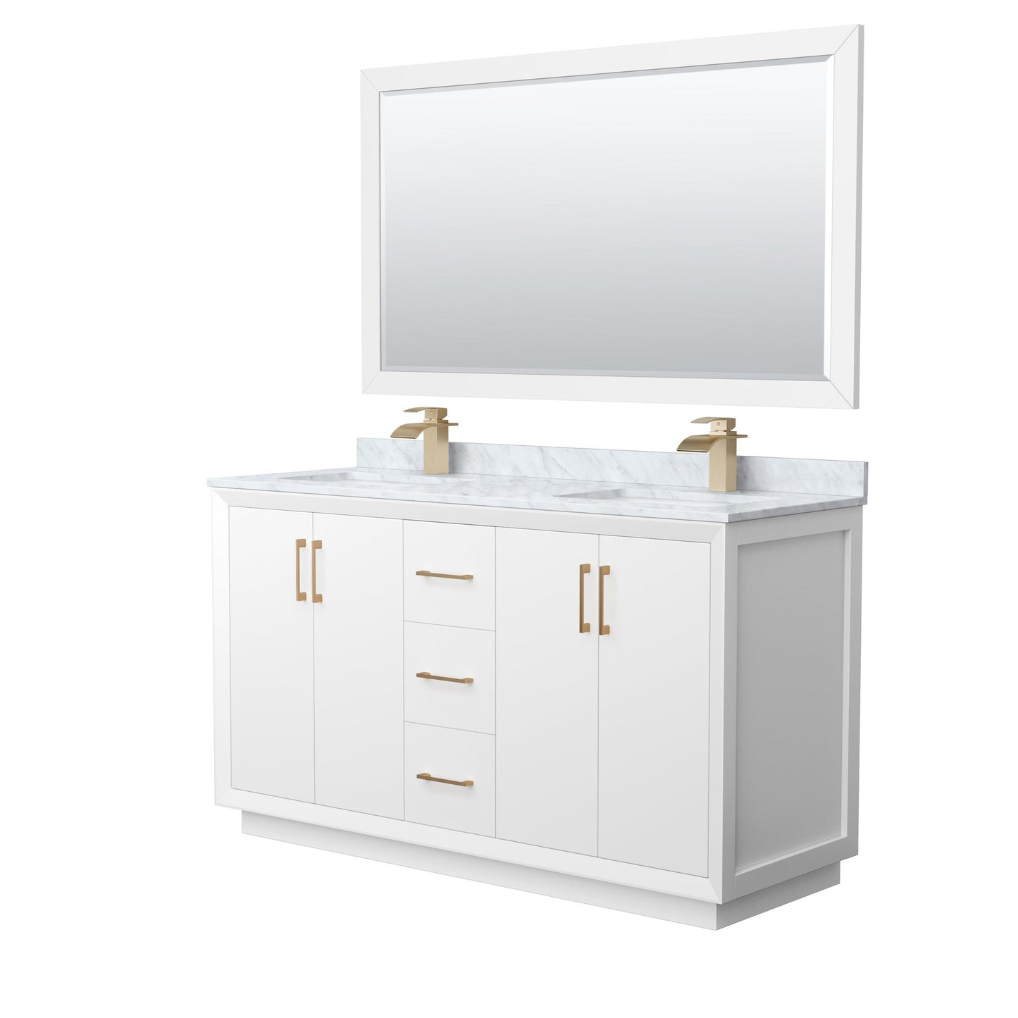 Wyndham Collection Strada 60" Double Bathroom Vanity in White, White Carrara Marble Countertop, Undermount Square Sink, Satin Bronze Trim, 58" Mirror
