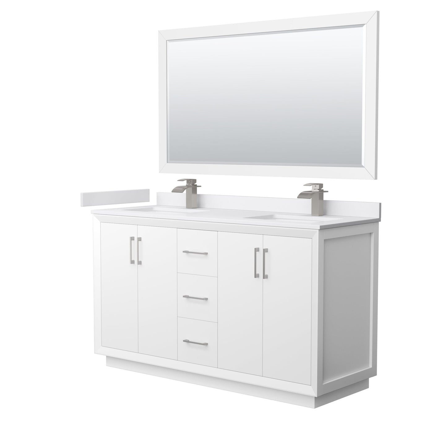 Wyndham Collection Strada 60" Double Bathroom Vanity in White, White Cultured Marble Countertop, Undermount Square Sink, Brushed Nickel Trim, 58" Mirror