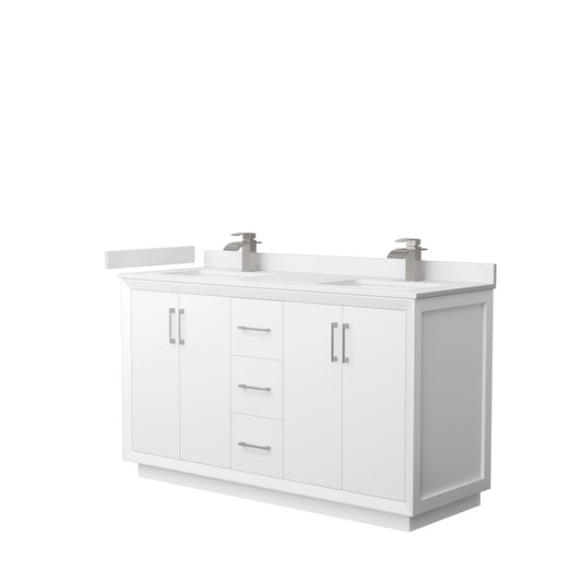 Wyndham Collection Strada 60" Double Bathroom Vanity in White, White Cultured Marble Countertop, Undermount Square Sink, Brushed Nickel Trim