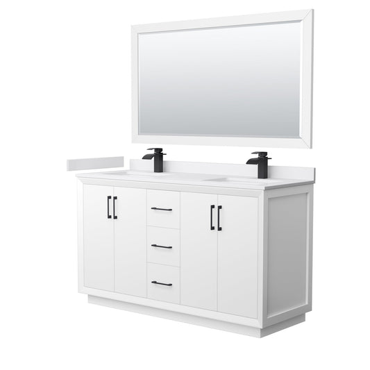 Wyndham Collection Strada 60" Double Bathroom Vanity in White, White Cultured Marble Countertop, Undermount Square Sink, Matte Black Trim, 58" Mirror