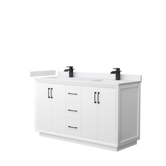 Wyndham Collection Strada 60" Double Bathroom Vanity in White, White Cultured Marble Countertop, Undermount Square Sink, Matte Black Trim