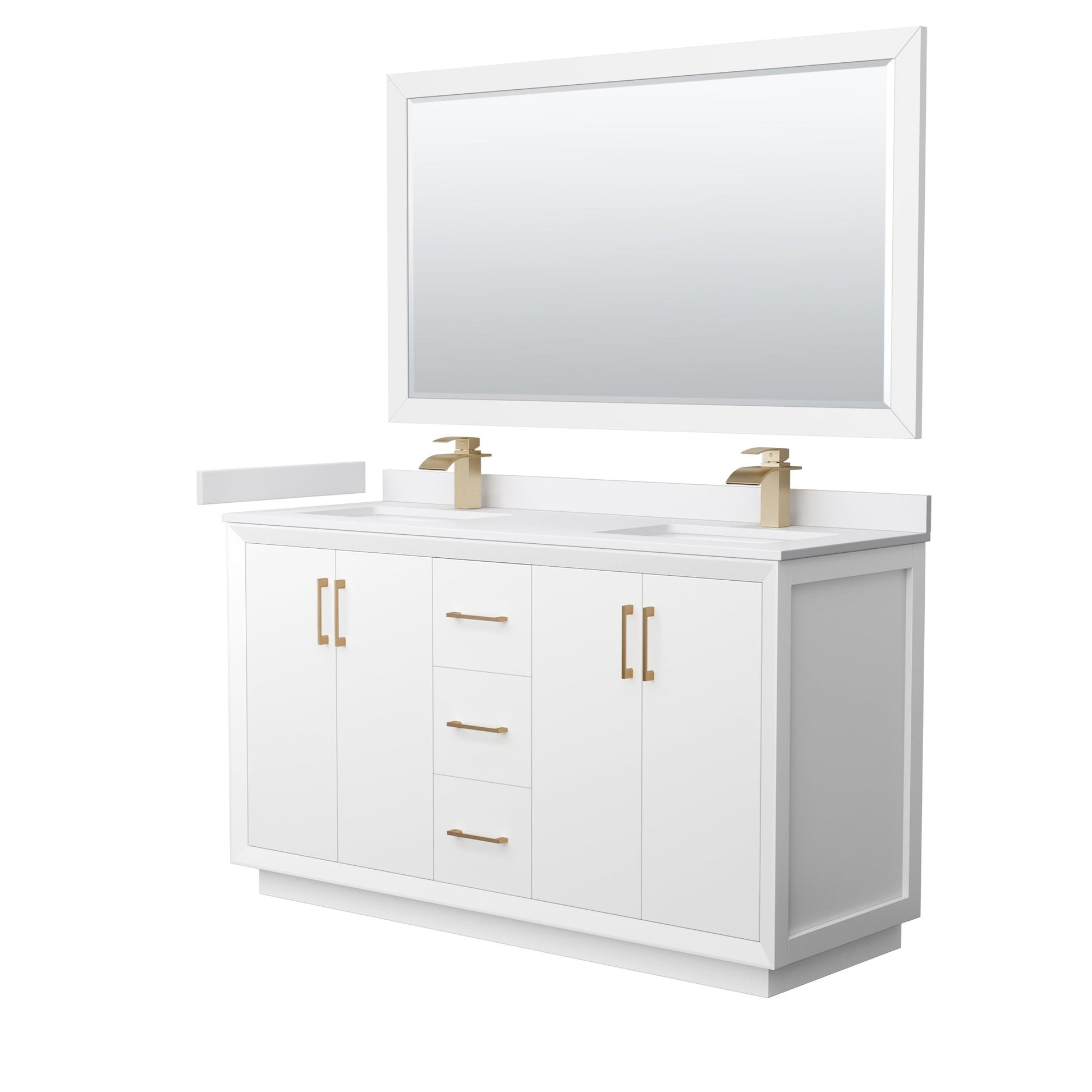 Wyndham Collection Strada 60" Double Bathroom Vanity in White, White Cultured Marble Countertop, Undermount Square Sink, Satin Bronze Trim, 58" Mirror