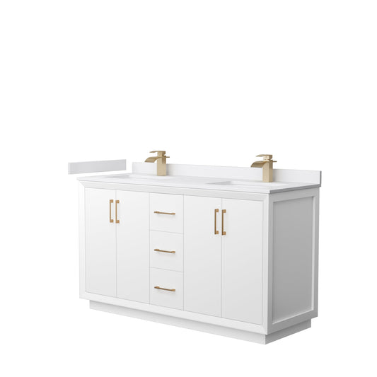 Wyndham Collection Strada 60" Double Bathroom Vanity in White, White Cultured Marble Countertop, Undermount Square Sink, Satin Bronze Trim