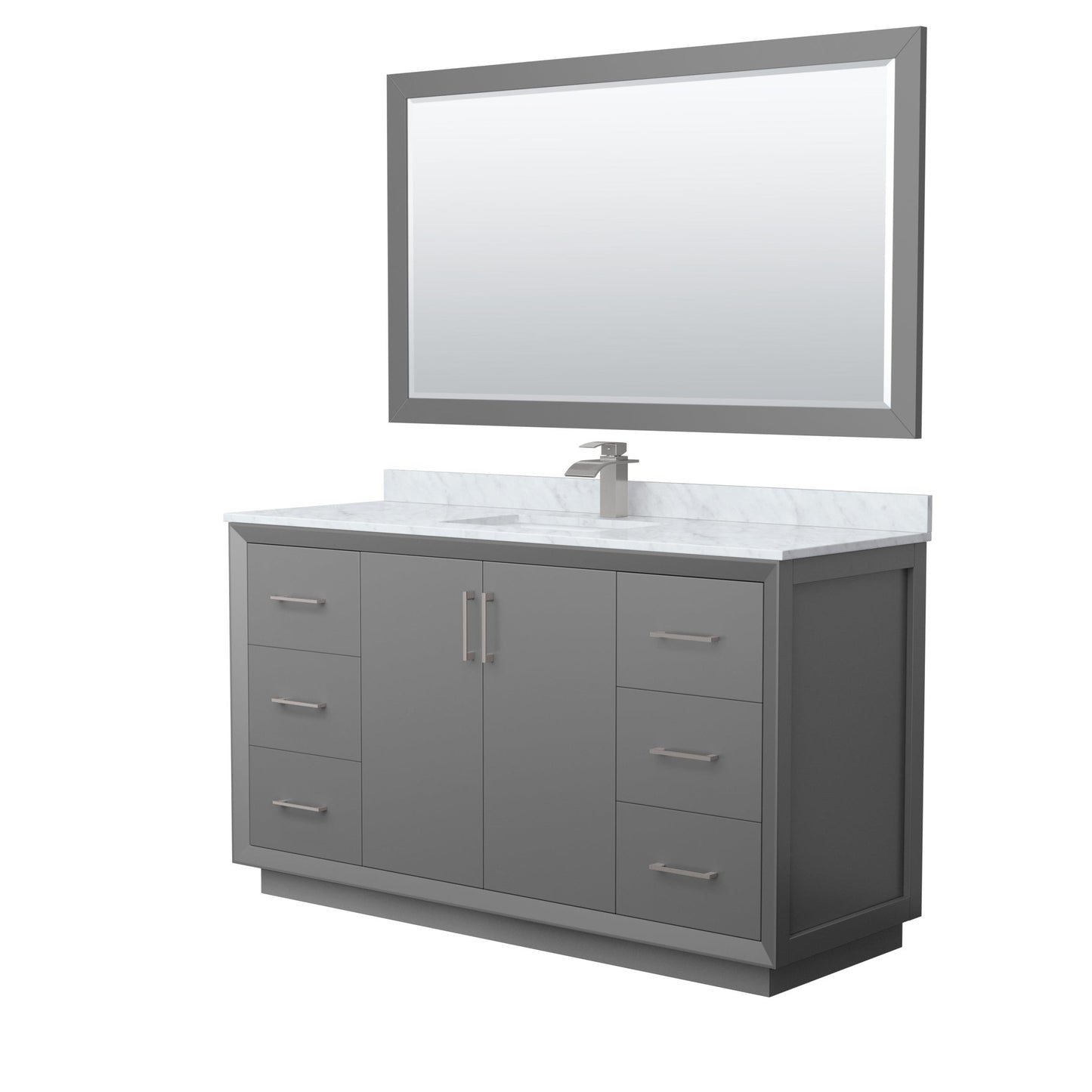 Wyndham Collection Strada 60" Single Bathroom Vanity in Dark Gray, White Carrara Marble Countertop, Undermount Square Sink, Brushed Nickel Trim, 58" Mirror