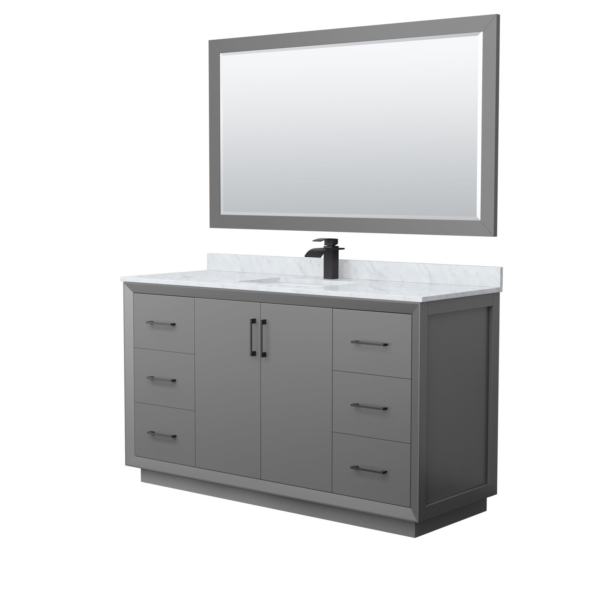 Wyndham Collection Strada 60" Single Bathroom Vanity in Dark Gray, White Carrara Marble Countertop, Undermount Square Sink, Matte Black Trim, 58" Mirror