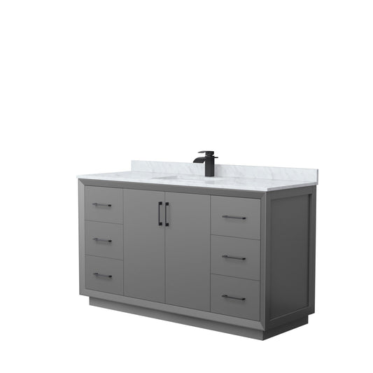 Wyndham Collection Strada 60" Single Bathroom Vanity in Dark Gray, White Carrara Marble Countertop, Undermount Square Sink, Matte Black Trim