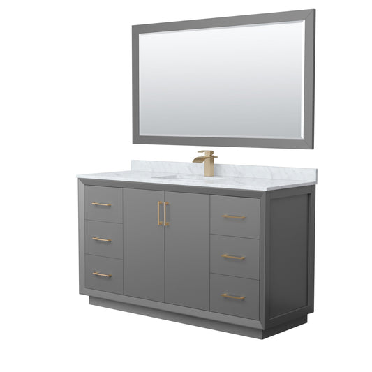 Wyndham Collection Strada 60" Single Bathroom Vanity in Dark Gray, White Carrara Marble Countertop, Undermount Square Sink, Satin Bronze Trim, 58" Mirror