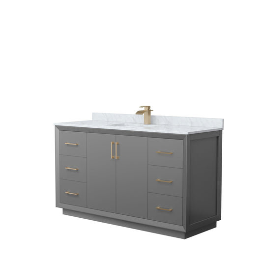 Wyndham Collection Strada 60" Single Bathroom Vanity in Dark Gray, White Carrara Marble Countertop, Undermount Square Sink, Satin Bronze Trim