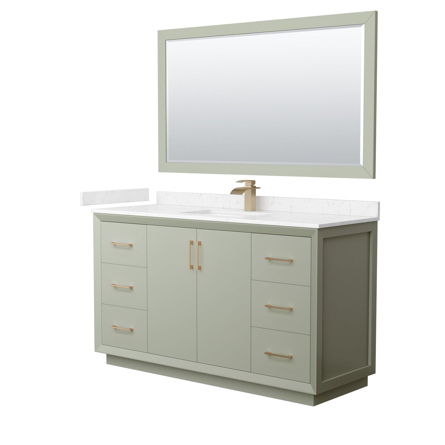 Wyndham Collection Strada 60" Single Bathroom Vanity in Light Green, Carrara Cultured Marble Countertop, Undermount Square Sink, Satin Bronze Trim, 58" Mirror