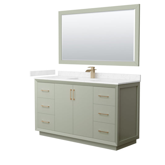 Wyndham Collection Strada 60" Single Bathroom Vanity in Light Green, Carrara Cultured Marble Countertop, Undermount Square Sink, Satin Bronze Trim, 58" Mirror
