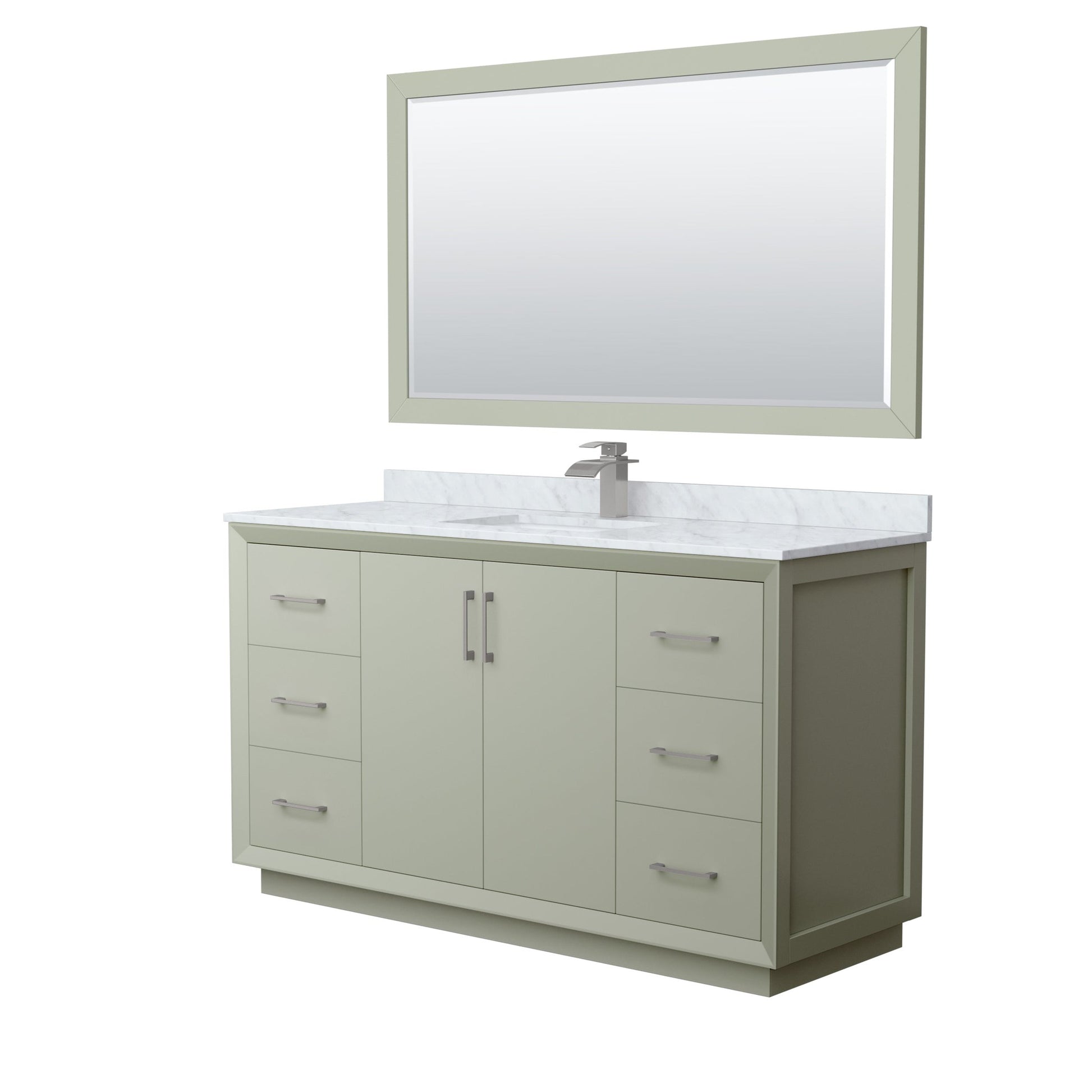 Wyndham Collection Strada 60" Single Bathroom Vanity in Light Green, White Carrara Marble Countertop, Undermount Square Sink, Brushed Nickel Trim, 58" Mirror