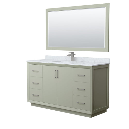 Wyndham Collection Strada 60" Single Bathroom Vanity in Light Green, White Carrara Marble Countertop, Undermount Square Sink, Brushed Nickel Trim, 58" Mirror