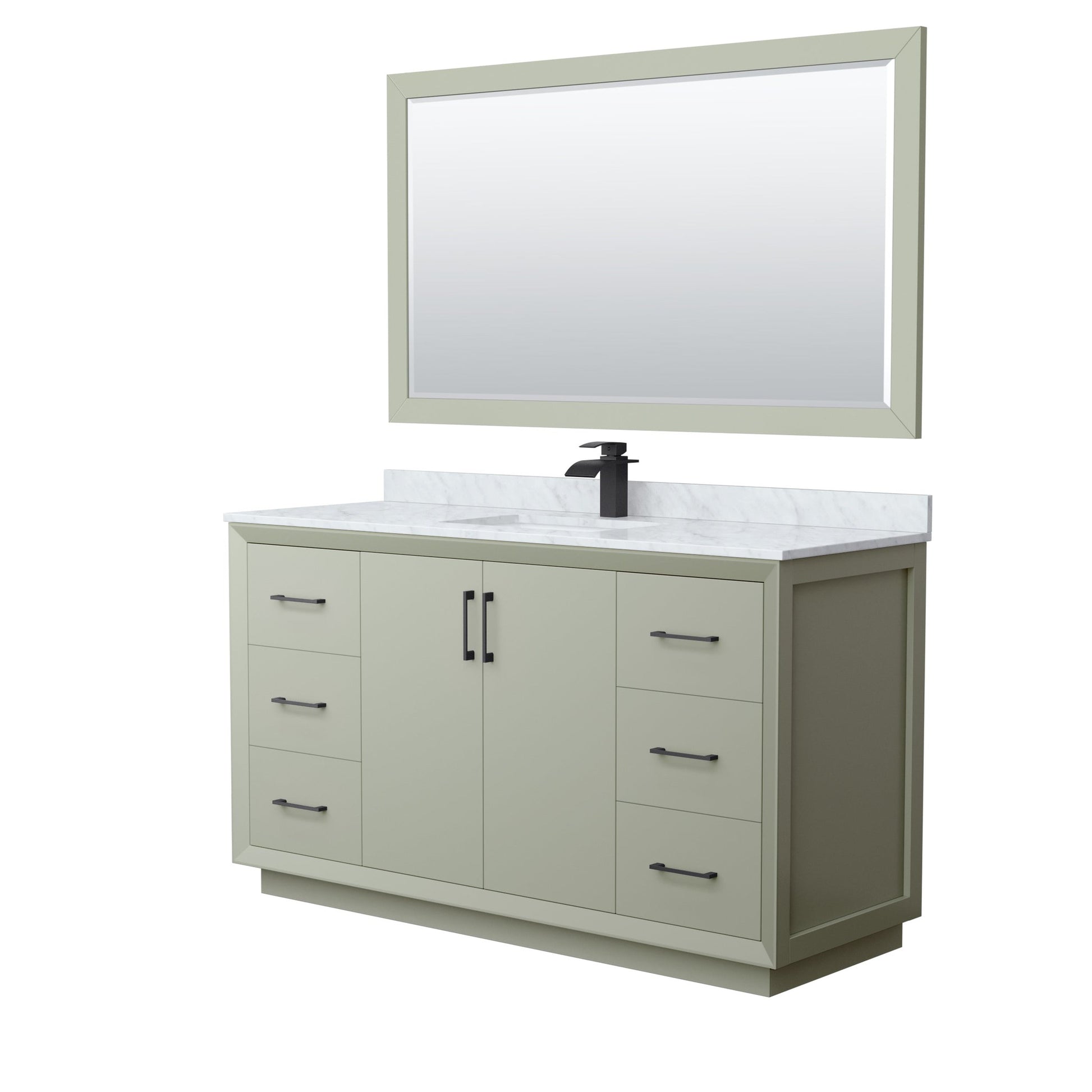 Wyndham Collection Strada 60" Single Bathroom Vanity in Light Green, White Carrara Marble Countertop, Undermount Square Sink, Matte Black Trim, 58" Mirror