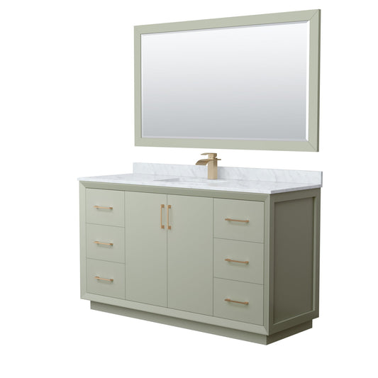 Wyndham Collection Strada 60" Single Bathroom Vanity in Light Green, White Carrara Marble Countertop, Undermount Square Sink, Satin Bronze Trim, 58" Mirror