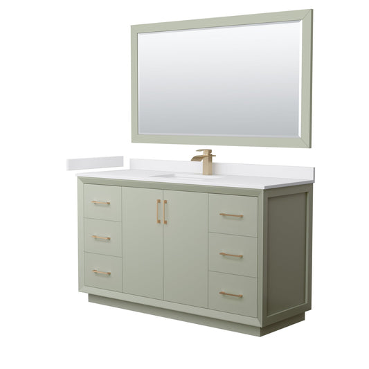 Wyndham Collection Strada 60" Single Bathroom Vanity in Light Green, White Cultured Marble Countertop, Undermount Square Sink, Satin Bronze Trim, 58" Mirror