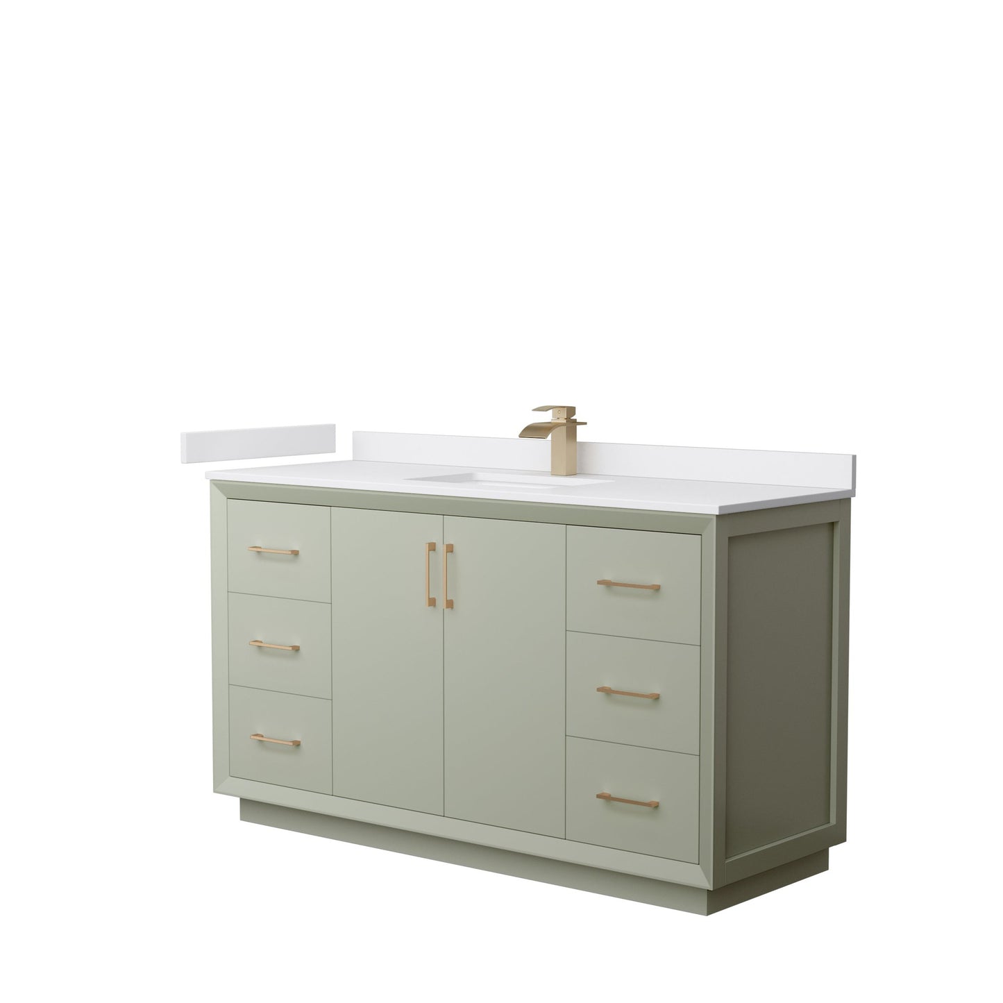 Wyndham Collection Strada 60" Single Bathroom Vanity in Light Green, White Cultured Marble Countertop, Undermount Square Sink, Satin Bronze Trim