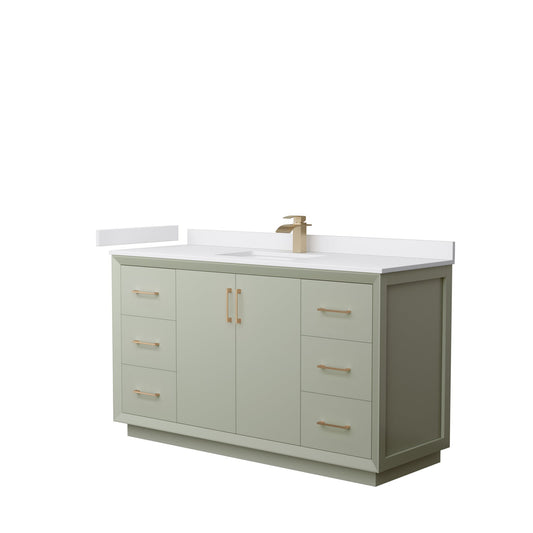 Wyndham Collection Strada 60" Single Bathroom Vanity in Light Green, White Cultured Marble Countertop, Undermount Square Sink, Satin Bronze Trim