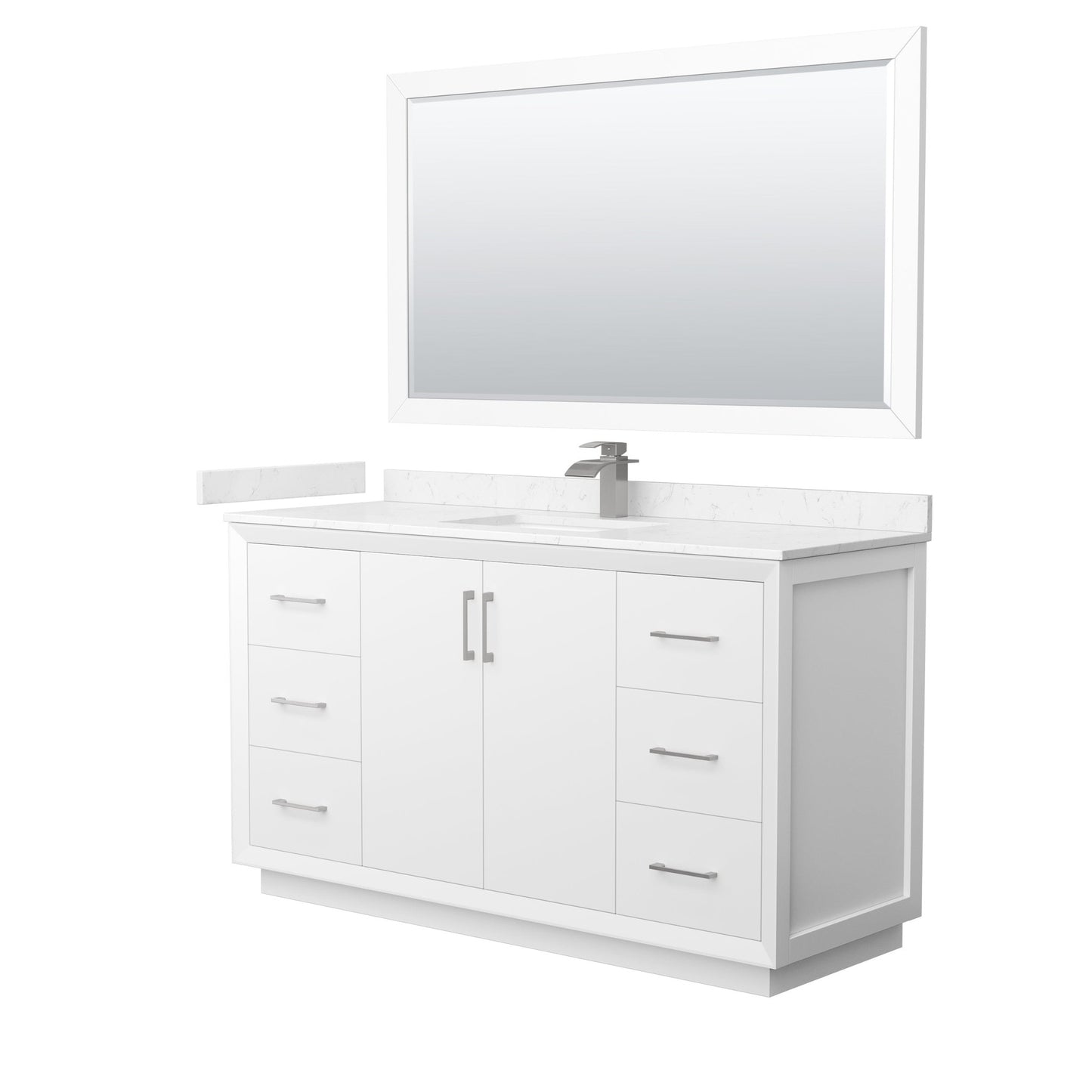 Wyndham Collection Strada 60" Single Bathroom Vanity in White, Carrara Cultured Marble Countertop, Undermount Square Sink, Brushed Nickel Trim, 58" Mirror